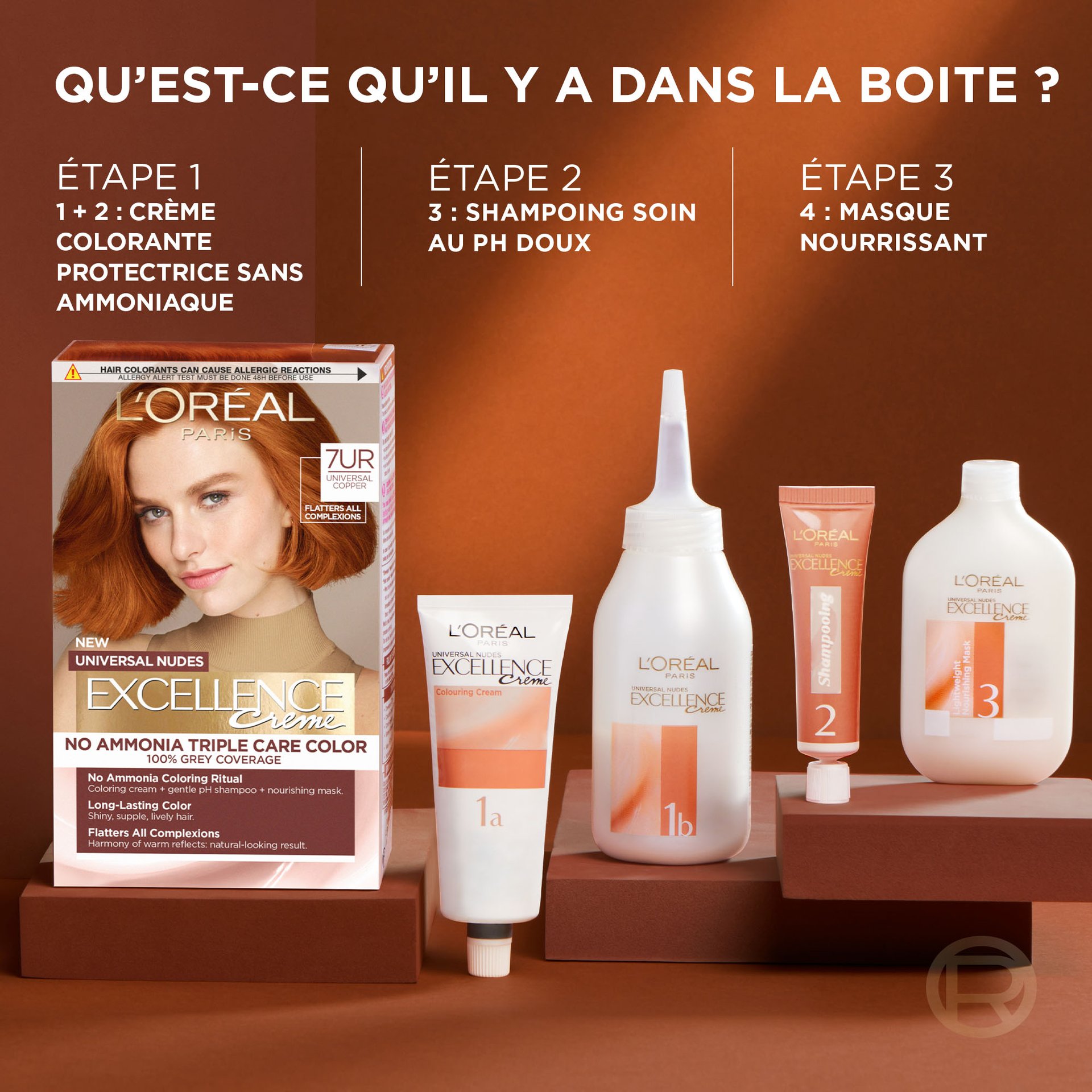 Dans une boîte de coloration Excellence Crème Bronzer, il y a une crème colorante protectrice sans ammoniaque, un shampoing soin au ph doux et une masque nourissant